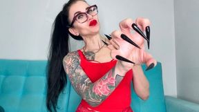 BLACK Long nails, sharp stilettos, long fingers sucking, handjobs with spit and red lace lingerie