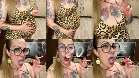 Winston 100s - Mature and pregnant smoker, in her beautiful long dress, showing all her love for nicotine - Deep Inhales, Mouth Inhales and open mouth exhales, Triple pumps, Smoke rings, Crush, Coughing