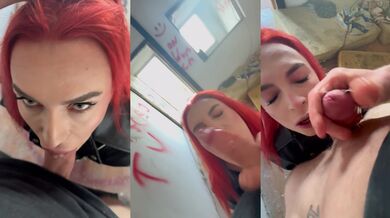Redhead whore sloppily jerks cock in public step fantasy