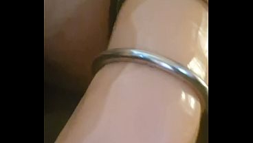 Three steel penis rings on 30 cm dildo