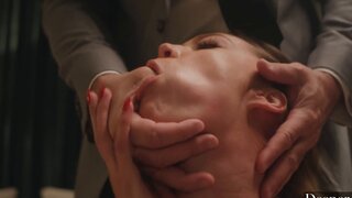 Thick blonde with natural boobs playing in the living room