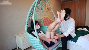 Barefoot college student girlfriend in ropes and handcuffs