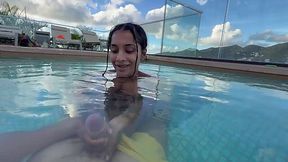 She sucks my dick a little bit and jerks me off in the pool