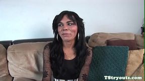 Mature asian TS strokes her cock at casting