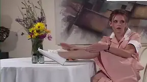 Horny maid moans as she fucks her pussy with a banana