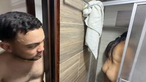 I spy on my stepmother's bitch while she showers since that slut is very hot and I end up fucking her.