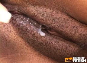 Ebony babe plays with a toy before getting her pussy drilled by a tattooed dude
