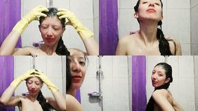 Morning ShowerClean Fetish New Rubber Gloves and Long Hair Play