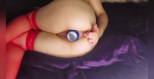 Big dildo goes deep inside teen girl anal while she is in the stockings!