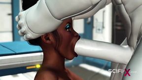 A sexy young busty ebony has hard anal sex with sex robot in the medbay