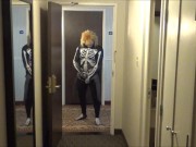 skeleton in wetsuit cums in hall