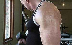 Toned TS anal bangs male in restroom