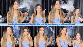 Lovely girl next door smoking VS 120s blue for you close up in a blue minidress!