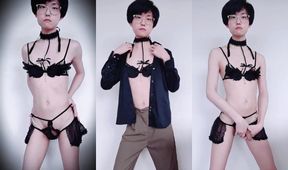 Suit Slut Boss Moaning in Lingerie Twink Gets Facial