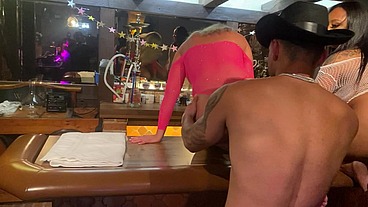 Cowgirls fuck bartender in threesome