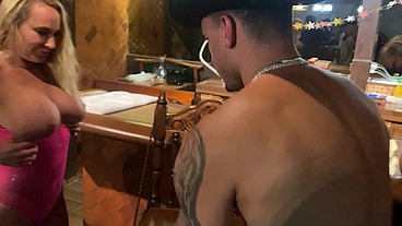 Cowgirls fuck bartender in threesome