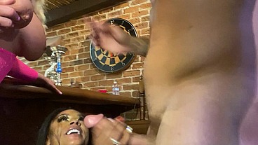 Cowgirls fuck bartender in threesome
