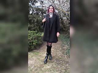 Wonderful redblack skirt with black pantyhose and boots