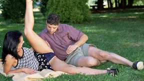 Venus Gives Man Upskirt in Park for Some Anal Sex and a Facial Cumshot
