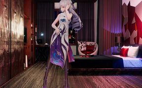 Big Duck - Number9 Keqing in a Cheongsam, Black Stockings, High Heels, Huge Breasts, Big Boobs, Big Butt, White Tiger