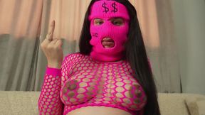 A burglar comes to my apartment wearing a pink mask and then finds the camera and starts humiliating and ignoring me and then starts showing me her big tits and big ass and finally masturbates and plays with her pussy until she orgasms.