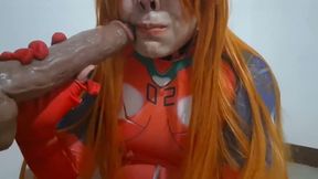 Pretty Trans Asuka Eating Cum and Giving a Blowjob to a Dildo while she uses a Extreme BDSM Nosehook
