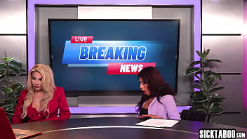 Two big cock shemales fucked black MILF Destiny Mira in the middle of the TV program