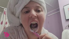 Tooth Brushing with Tongue Scrubbing and Hair in Towel