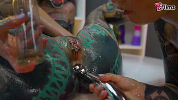 Oily Lesbian Metal Toy Threesome Girls Slippery Fuck