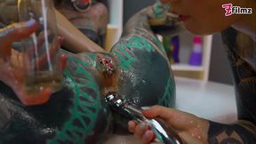 Oily Lesbian Metal Toy Threesome Girls Slippery Fuck