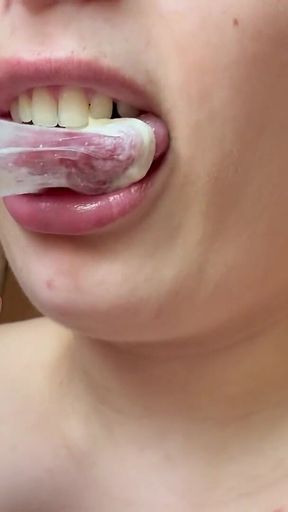A Giantess Stepmom Traps Her Tiny Ex-husband in a Trap Made of Chewing Gum; She Chews, Blows Bubbles,
