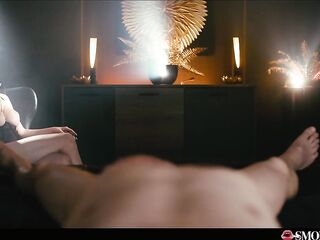 French Brunette with Massive Fake Tits Masturbates While Smokin' Cigarette and Talking Ribald