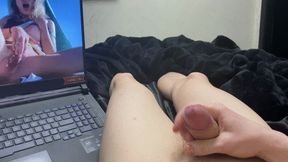 Jerking off sluggish cock after sex and watching porn! POV!