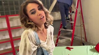 Blondie with sexy make-up is going to be used in POV