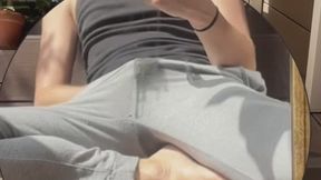Amateur Boy Wets His Grey Sweatpants