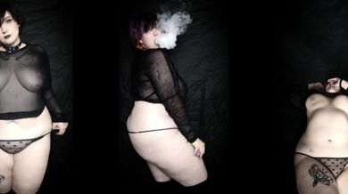 Curvy goth vaping in sheer outfit