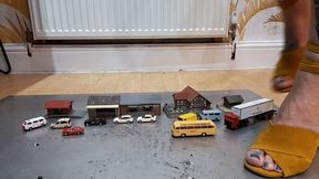 Giantess Atari queen destroys tiny cars buses and buildings toy car crush in sexy yellow wedges ground view