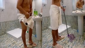 Guy drying his naked body and mopping the wet bathroom floor