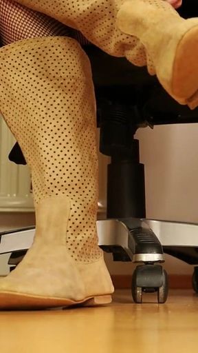 Soft Suede Boots & Fine Black Fishnets - Under Desk Foot Tease