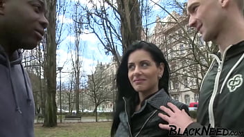 Dark-haired wife enjoys BBC with husband watching nearby