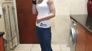 Smoking brunette wets her jeans in desperate piss desperation