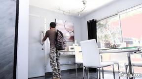 ”Skinny chick Maya Kendrick gives sloppy head & rides cock”