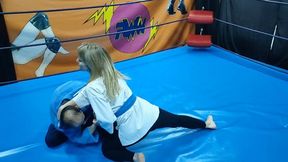 Beautiful blondy demontrates throws and wrestling techniques
