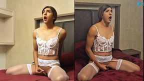 Sissy Slut in white lingerie cum with her 8in dildo