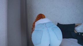 Redhead stepmother masturbates her stepson's big cock