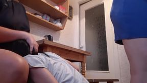 While Our Housekeeper Was Washing Dishes, My Girlfriend Was Riskily Licking Pussy Under the Table