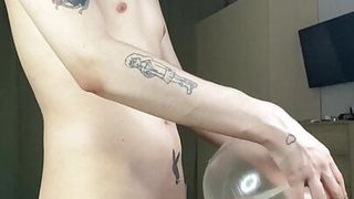 18 year old horny virgin made himself a masturbator from a condom and fucks him hard until he cums