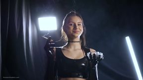 Brunette Smoking in Black Latex Outfit Slow Sensual Scene
