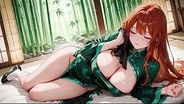AI- Red Hair &amp_ Emerald Qipao! Lazy Seduction in the Eastern Courtyard. Kneeling, reclining, high slits and open backs under dappled light. Private tension and a slow-burn climax you won'_t believe.
