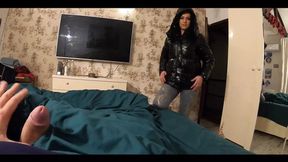 Slutty MILF worships black shiny puffy jacket with perfect ass